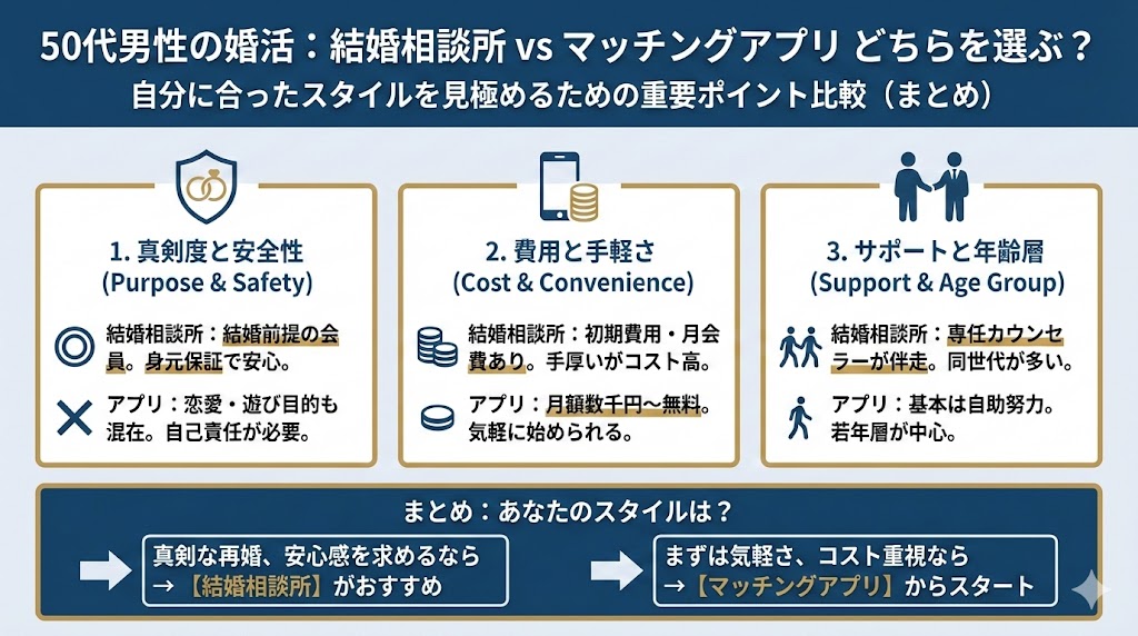 結婚相談所とアプリの違いは？50代男性が選ぶべき婚活手段