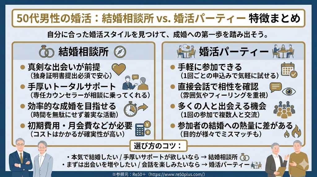 結婚相談所と婚活パーティーの違いは？50代男性が選ぶべき婚活手段